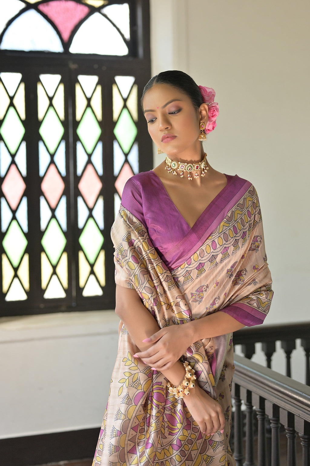 Jyoti Fashion Women's Wine Soft Tussar Silk Printed Designer Saree with Blouse | Grocsy