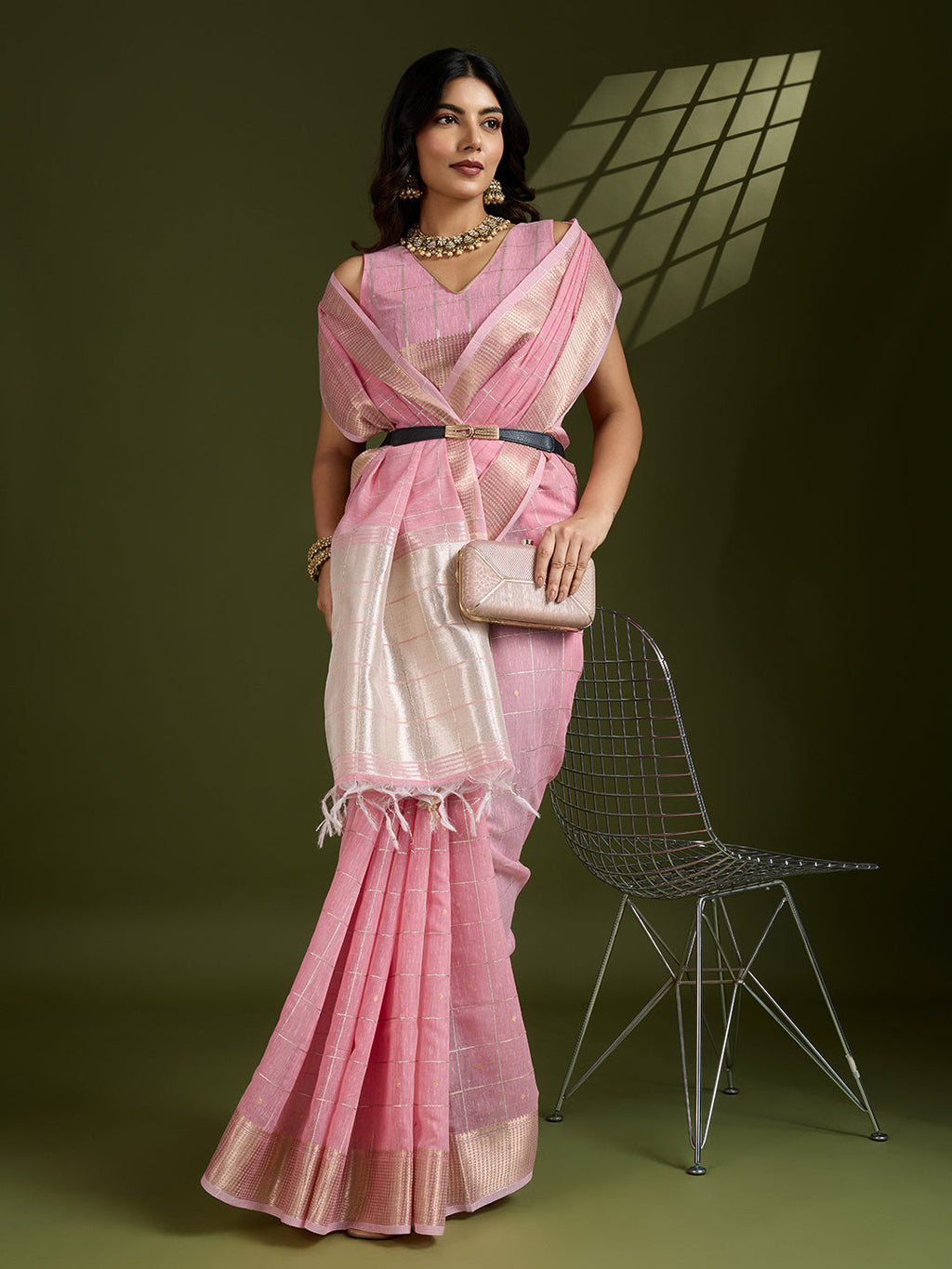 Jyoti Fashion Women's Pink Tissue Linen Silk Zari Woven Designer Saree with Blouse | Grocsy