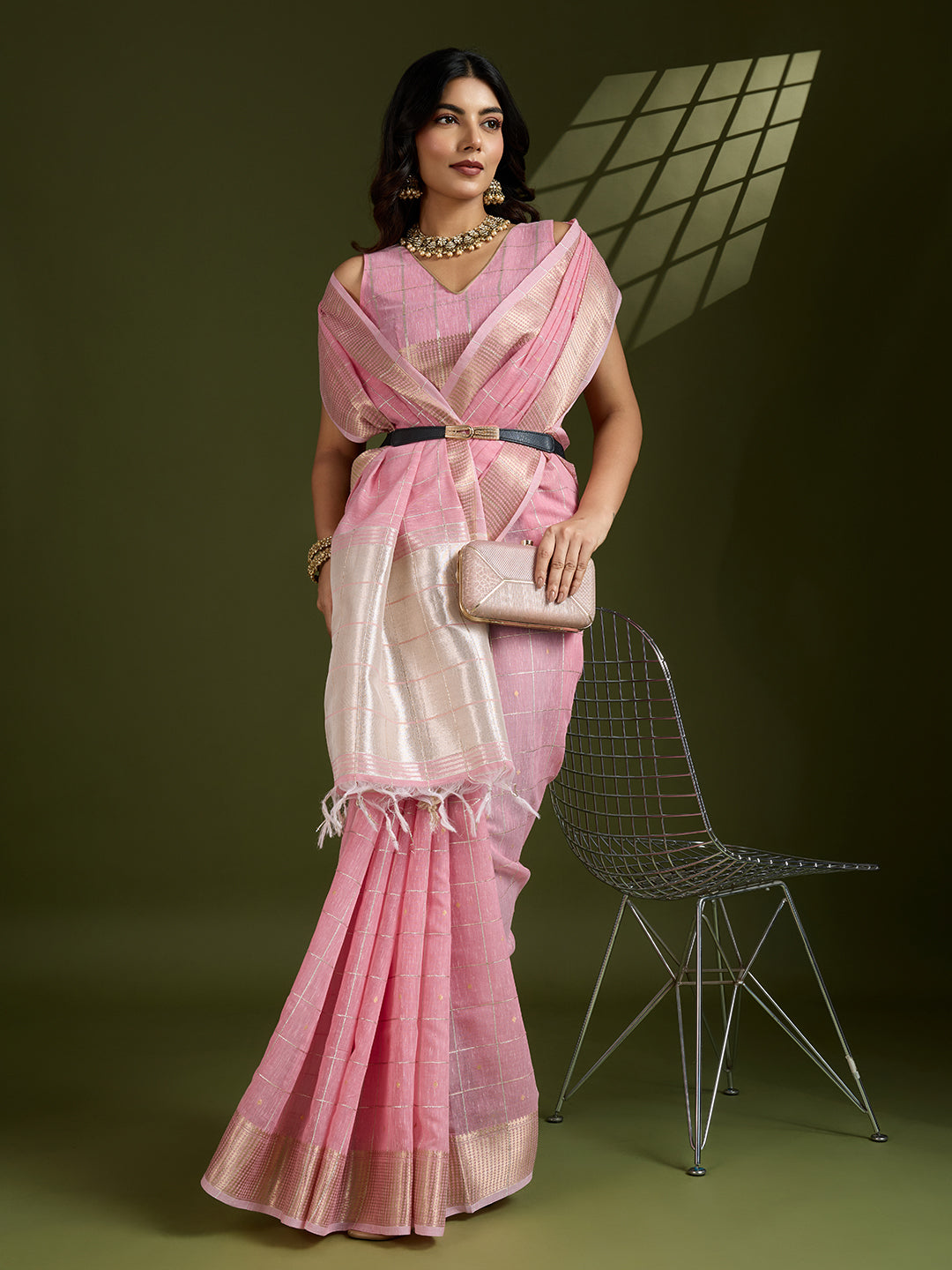 Jyoti Fashion Women's Pink Tissue Linen Silk Zari Woven Designer Saree with Blouse | Grocsy