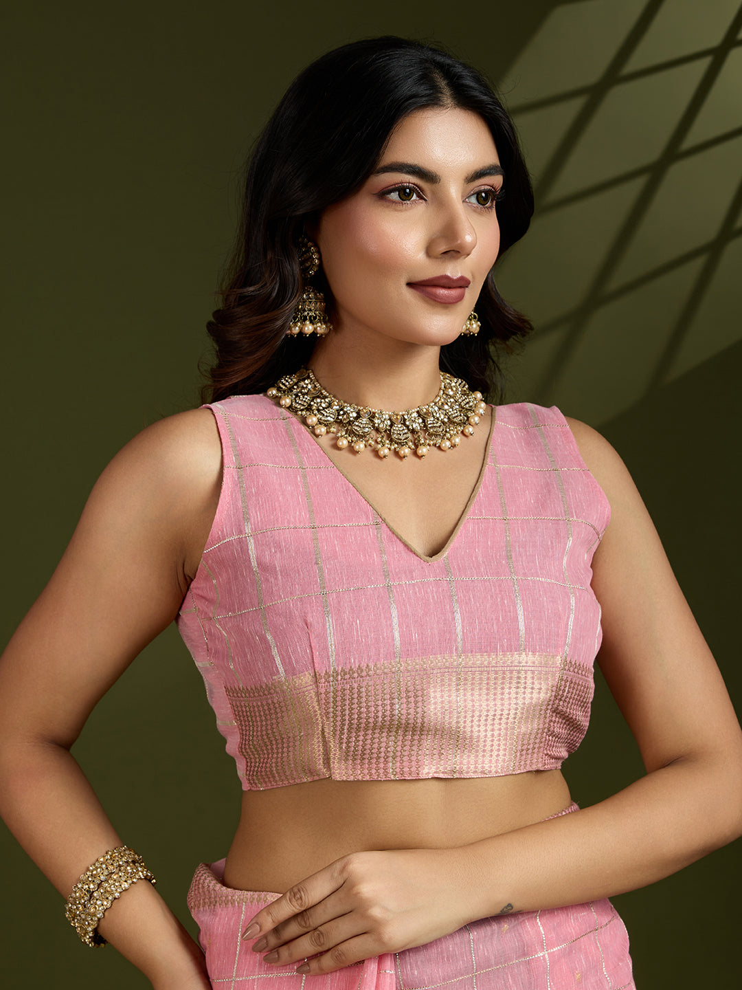 Jyoti Fashion Women's Pink Tissue Linen Silk Zari Woven Designer Saree with Blouse | Grocsy