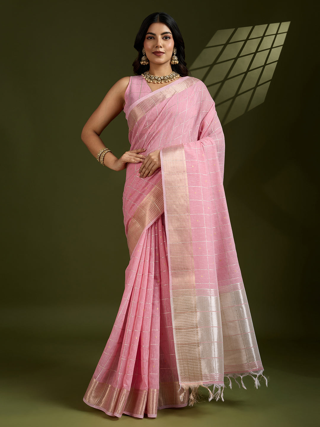 Jyoti Fashion Women's Pink Tissue Linen Silk Zari Woven Designer Saree with Blouse | Grocsy