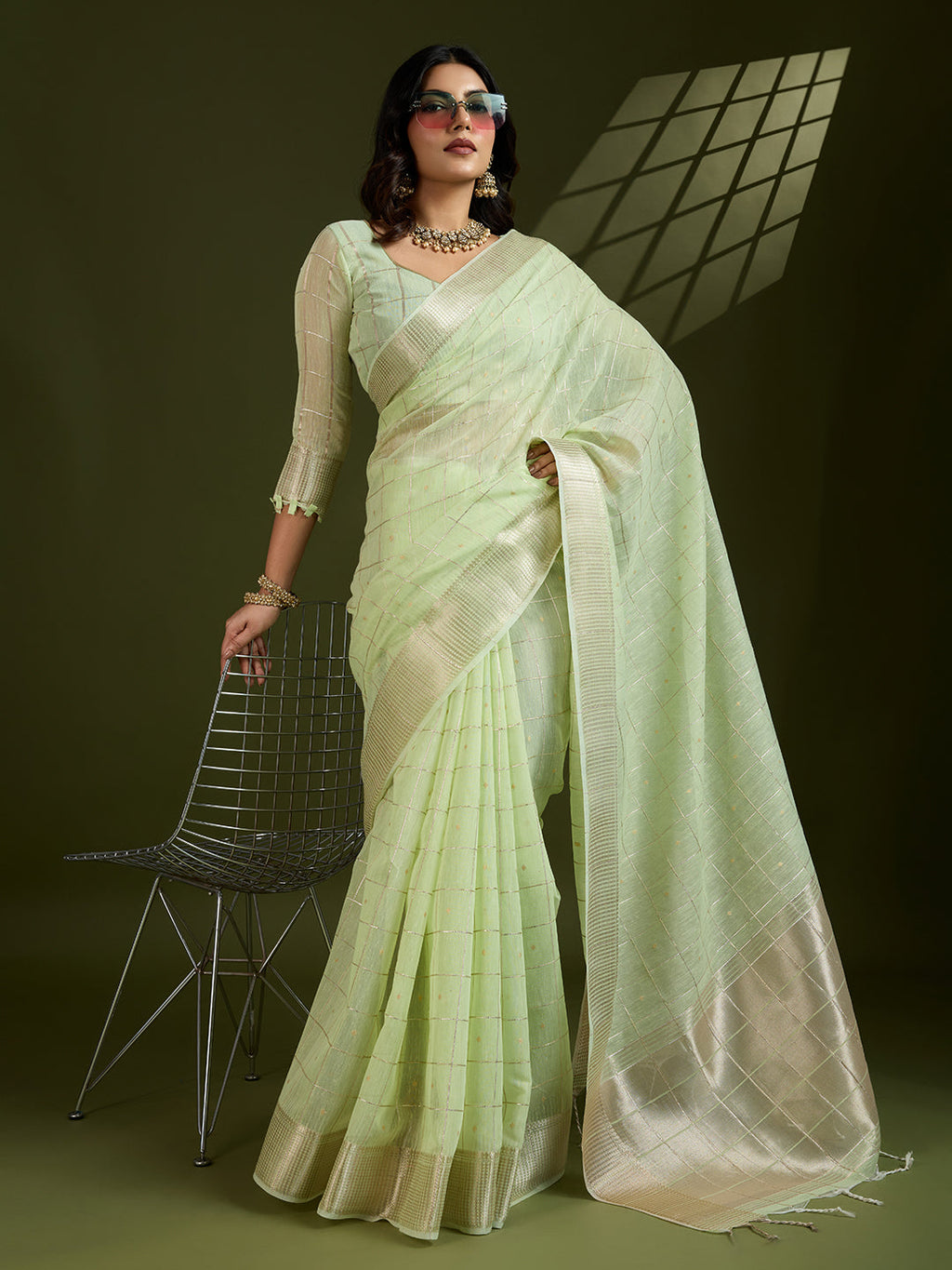 Jyoti Fashion Women's Sea Green Tissue Linen Silk Zari Woven Designer Saree with Blouse | Grocsy