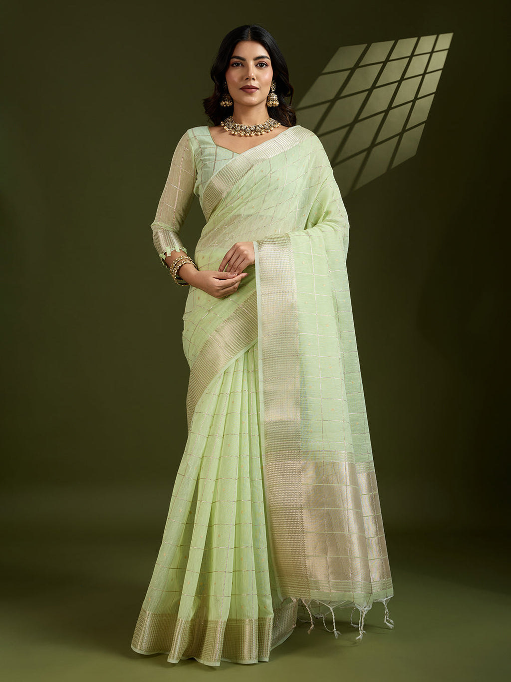 Jyoti Fashion Women's Sea Green Tissue Linen Silk Zari Woven Designer Saree with Blouse | Grocsy