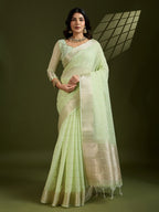 Jyoti Fashion Women's Sea Green Tissue Linen Silk Zari Woven Designer Saree with Blouse | Grocsy
