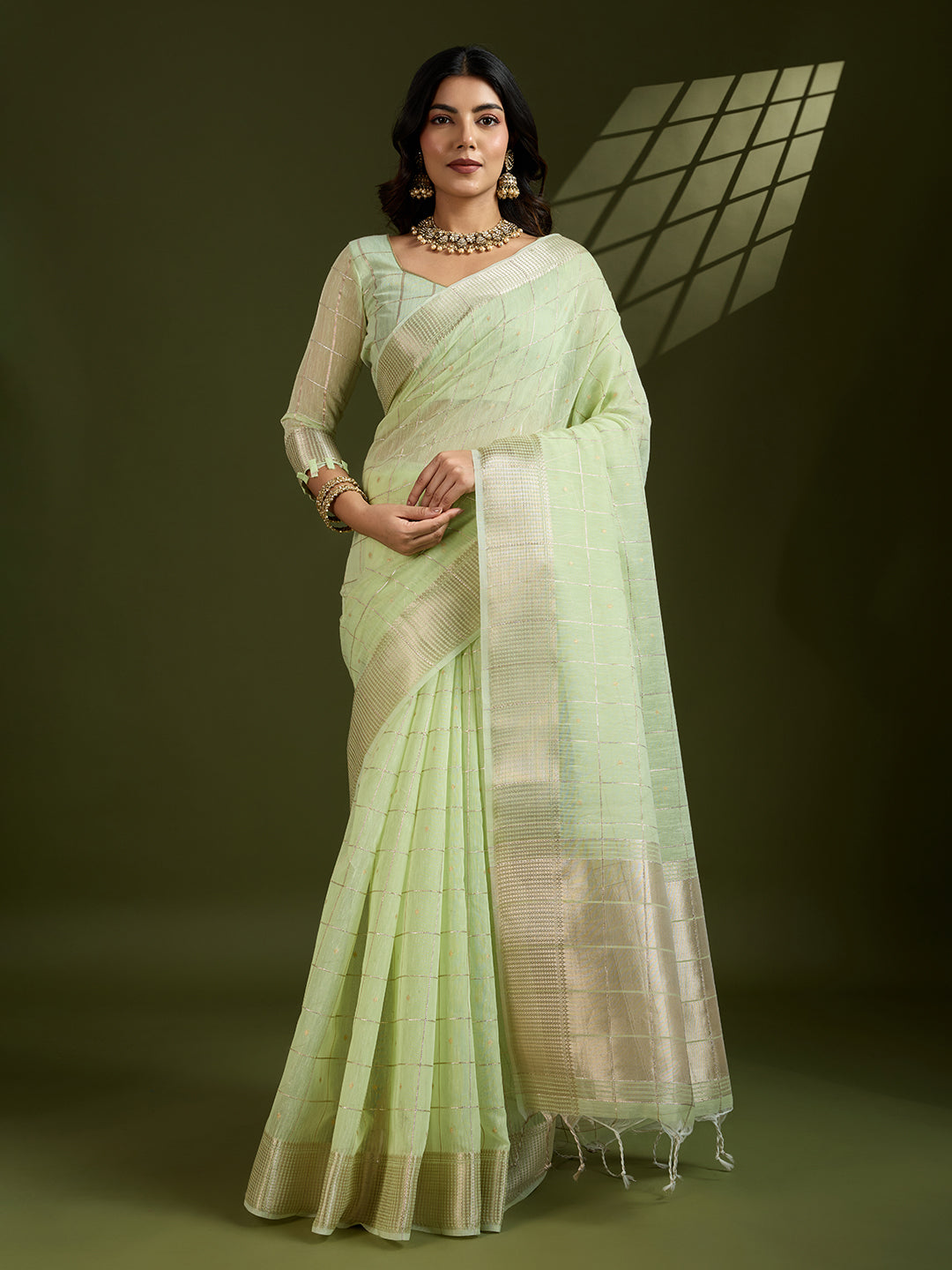 Jyoti Fashion Women's Sea Green Tissue Linen Silk Zari Woven Designer Saree with Blouse | Grocsy
