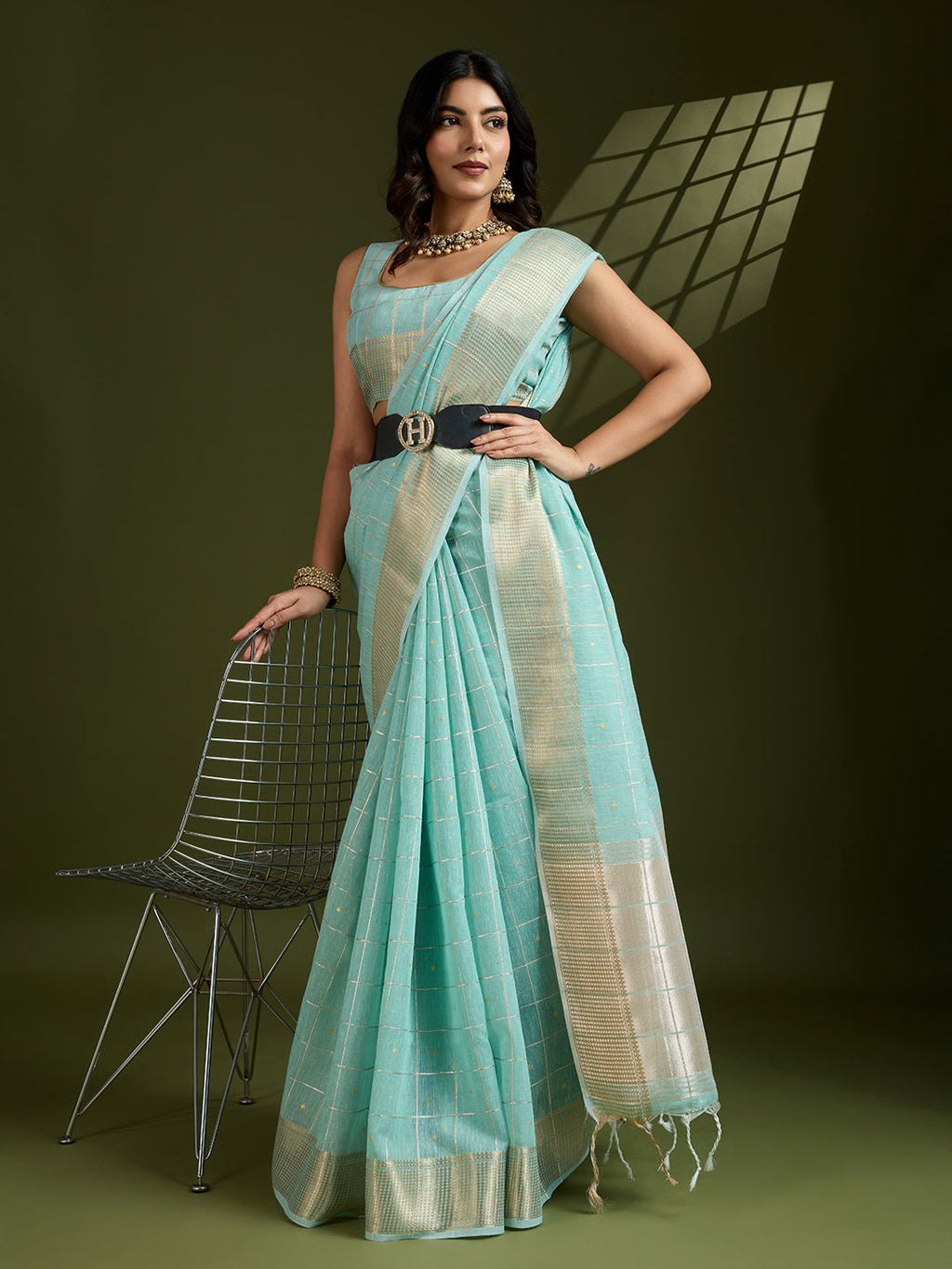 Jyoti Fashion Women's Sky Blue Tissue Linen Silk Zari Woven Designer Saree with Blouse | Grocsy