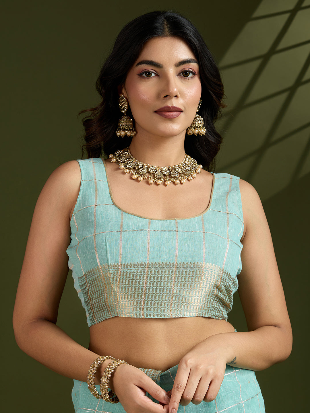 Jyoti Fashion Women's Sky Blue Tissue Linen Silk Zari Woven Designer Saree with Blouse | Grocsy