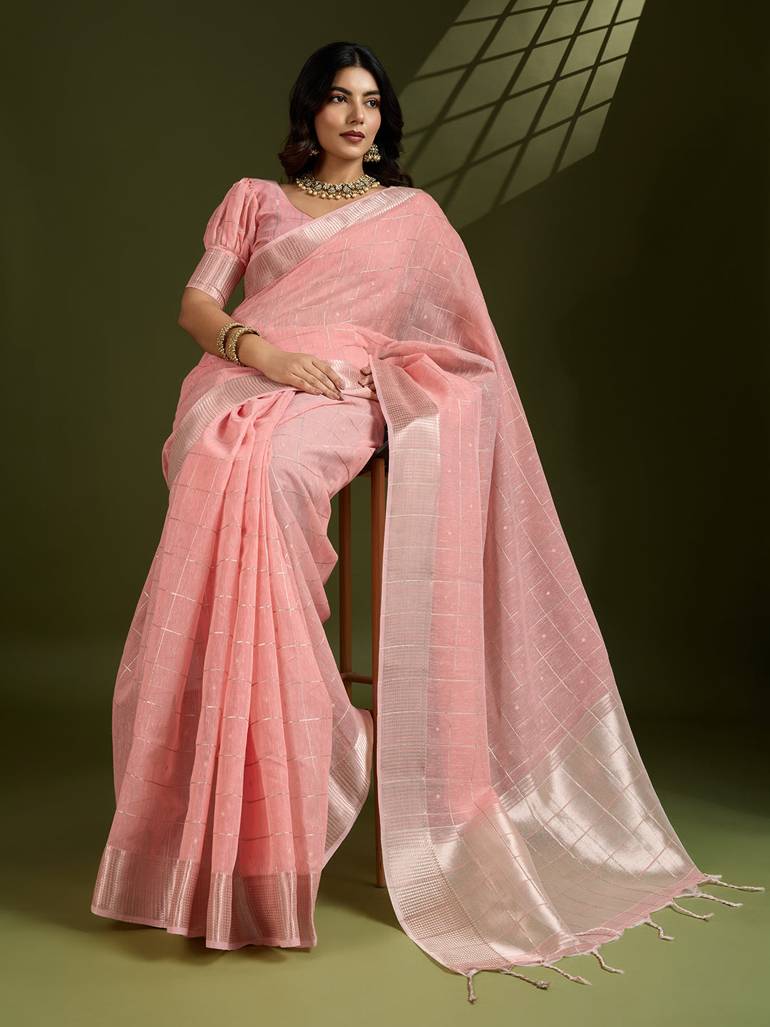Jyoti Fashion Women's Peach Tissue Linen Silk Zari Woven Designer Saree with Blouse | Grocsy