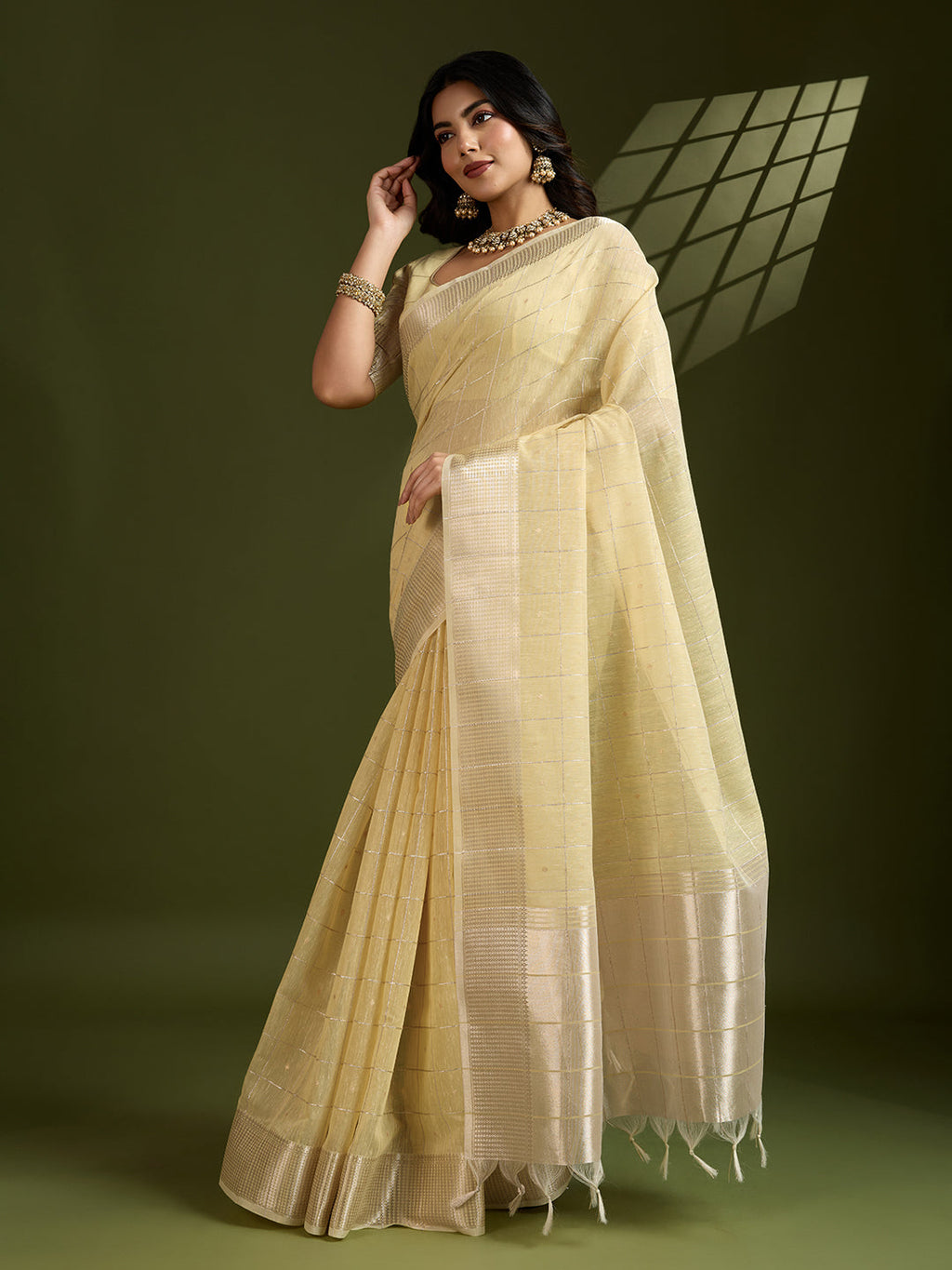 Jyoti Fashion Women's Light Yellow Tissue Linen Silk Zari Woven Designer Saree with Blouse | Grocsy
