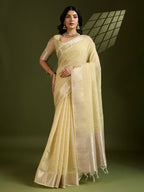 Jyoti Fashion Women's Light Yellow Tissue Linen Silk Zari Woven Designer Saree with Blouse | Grocsy