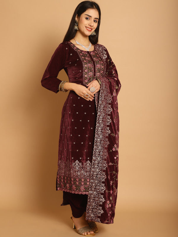 Jyoti Fashion Women's Maroon Velvet Floral Resham Thread with Jari & Sequince work Designer Straight Suit Set | Grocsy