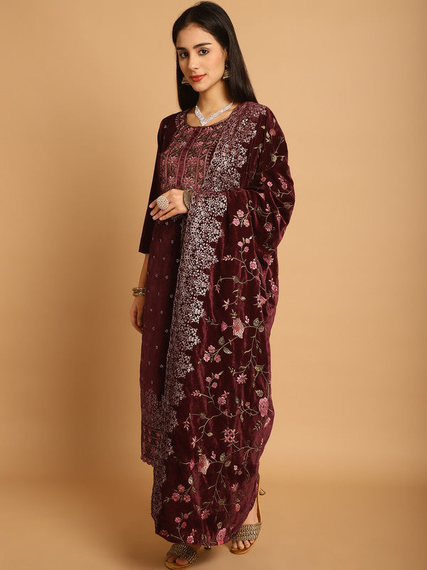 Jyoti Fashion Women's Maroon Velvet Floral Resham Thread with Jari & Sequince work Designer Straight Suit Set | Grocsy