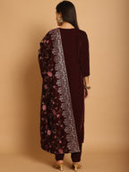 Jyoti Fashion Women's Maroon Velvet Floral Resham Thread with Jari & Sequince work Designer Straight Suit Set | Grocsy