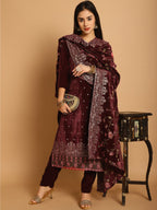 Jyoti Fashion Women's Maroon Velvet Floral Resham Thread with Jari & Sequince work Designer Straight Suit Set | Grocsy