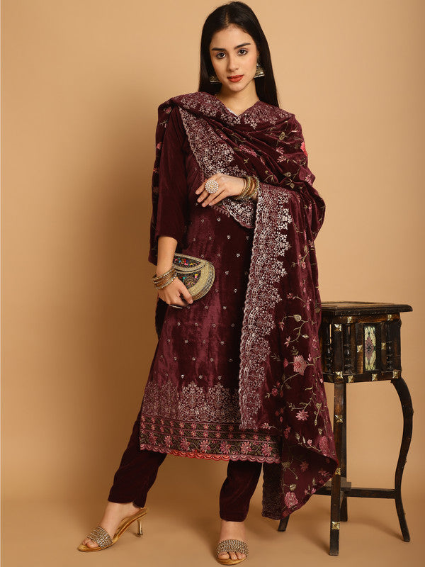 Jyoti Fashion Women's Maroon Velvet Floral Resham Thread with Jari & Sequince work Designer Straight Suit Set | Grocsy