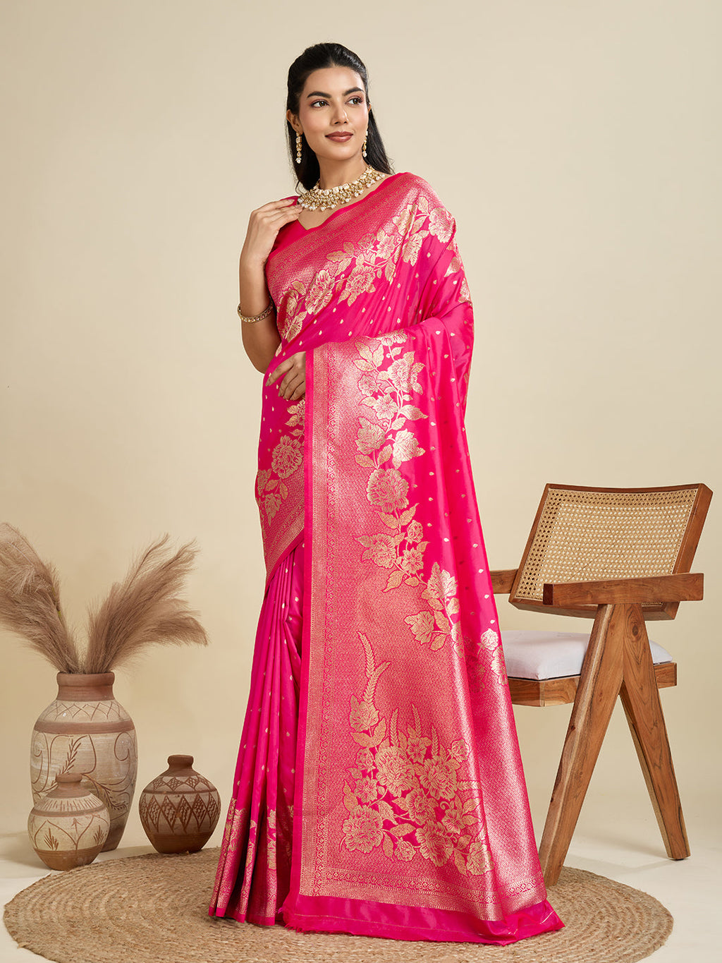 Jyoti Fashion Women's Pink Soft Kanjivaram Silk Zari Woven Designer Saree with Blouse | Grocsy
