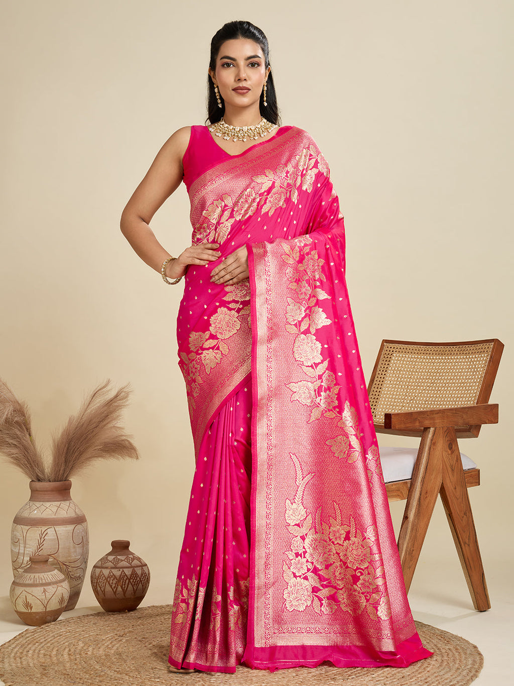 Jyoti Fashion Women's Pink Soft Kanjivaram Silk Zari Woven Designer Saree with Blouse | Grocsy