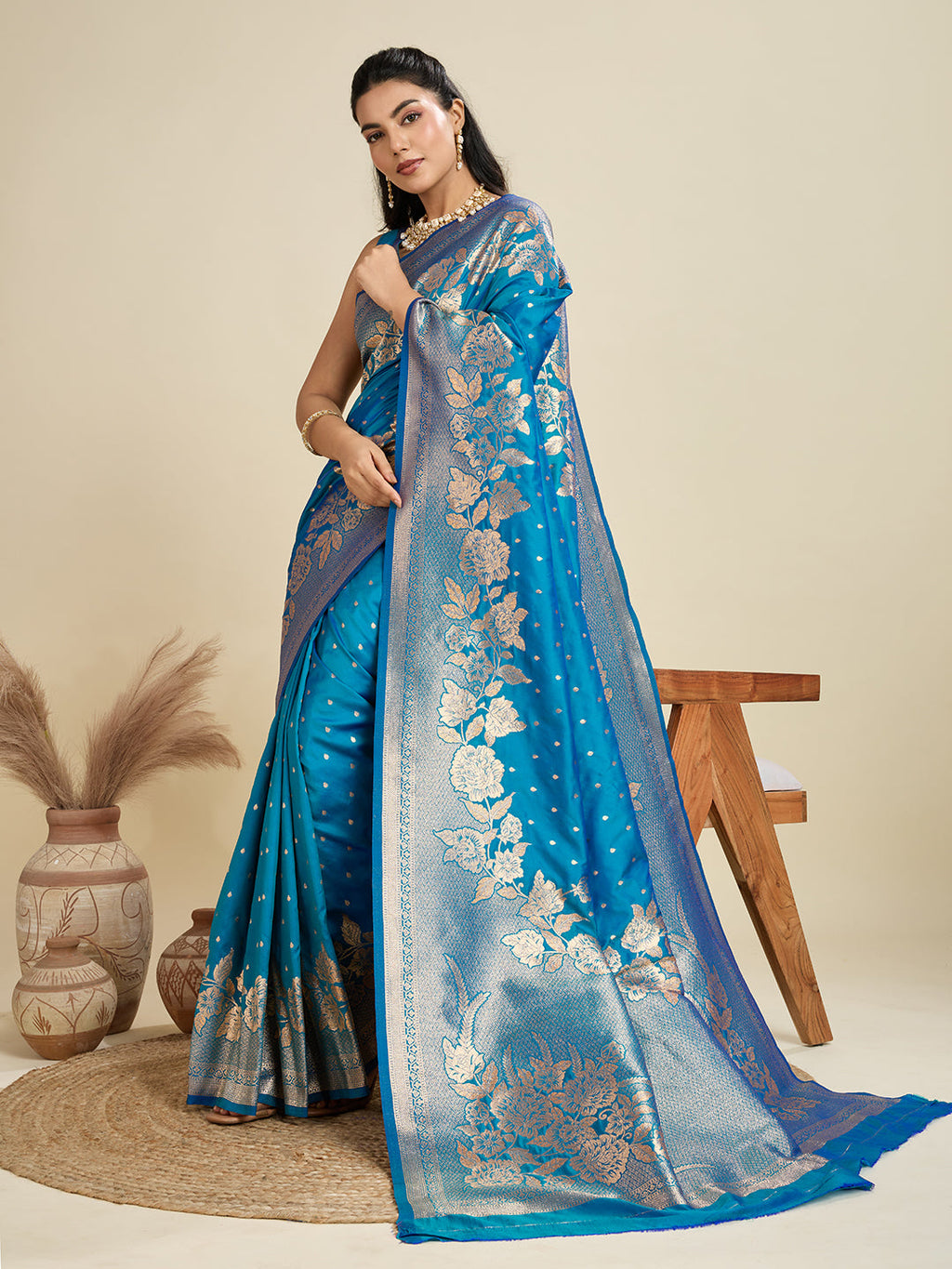 Jyoti Fashion Women's Blue Soft Kanjivaram Silk Zari Woven Designer Saree with Blouse | Grocsy