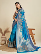 Jyoti Fashion Women's Blue Soft Kanjivaram Silk Zari Woven Designer Saree with Blouse | Grocsy