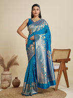 Jyoti Fashion Women's Blue Soft Kanjivaram Silk Zari Woven Designer Saree with Blouse | Grocsy
