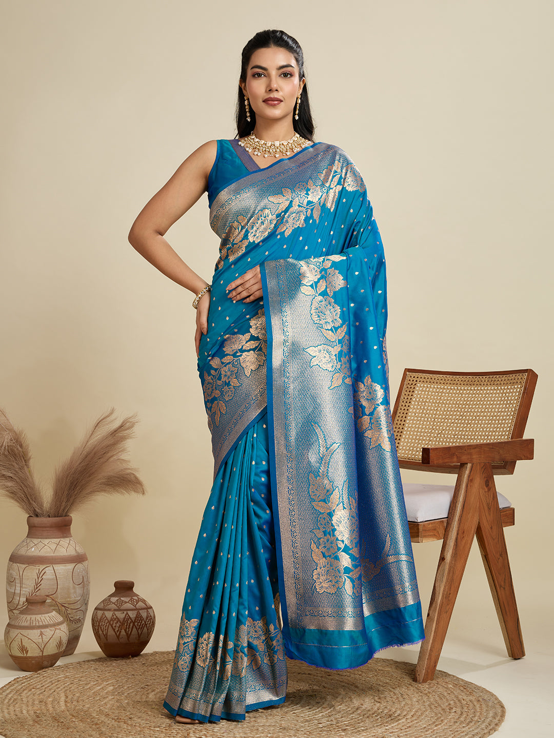 Jyoti Fashion Women's Blue Soft Kanjivaram Silk Zari Woven Designer Saree with Blouse | Grocsy