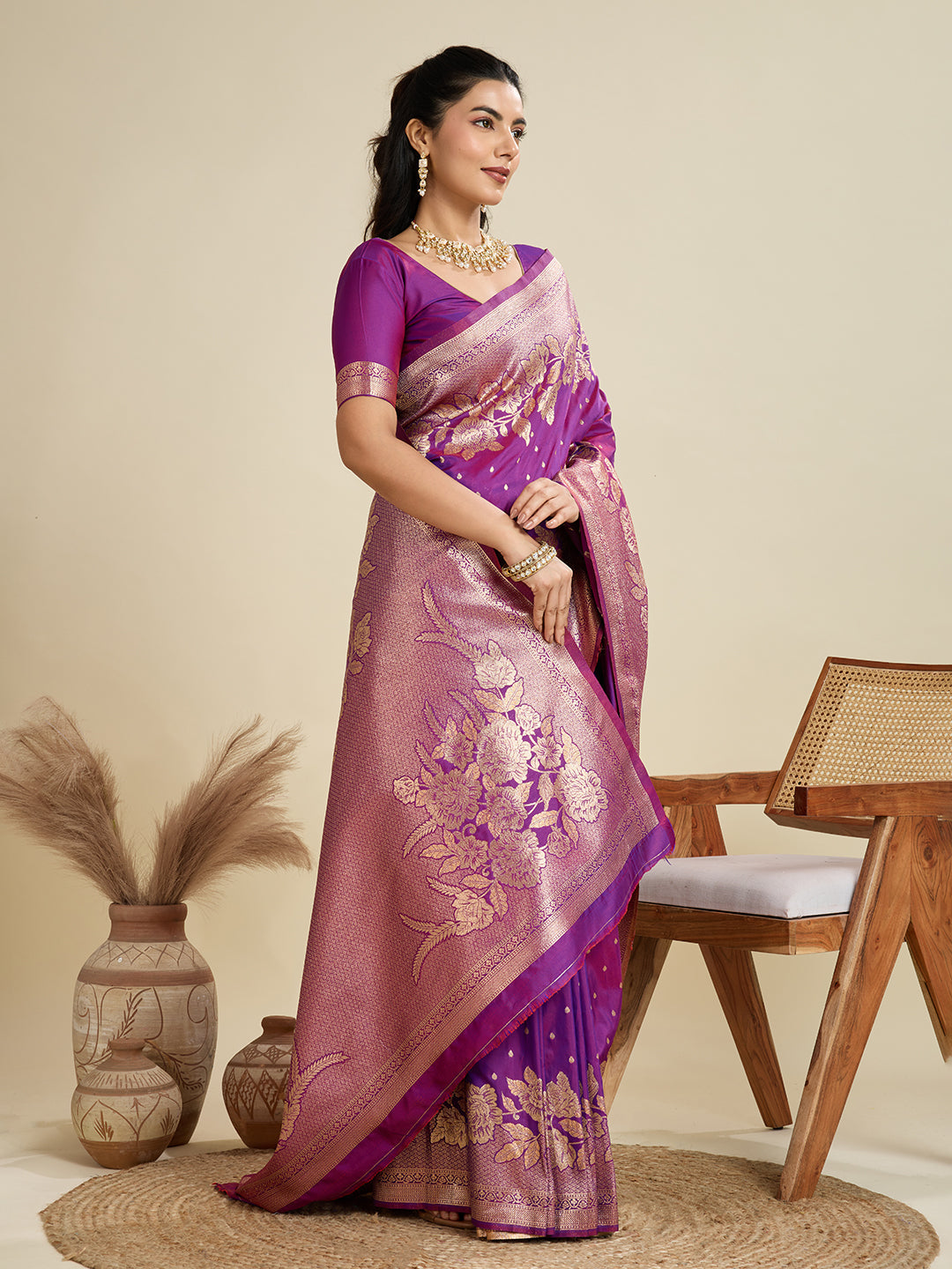 Jyoti Fashion Women's Purple Soft Kanjivaram Silk Zari Woven Designer Saree with Blouse | Grocsy
