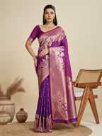 Jyoti Fashion Women's Purple Soft Kanjivaram Silk Zari Woven Designer Saree with Blouse | Grocsy