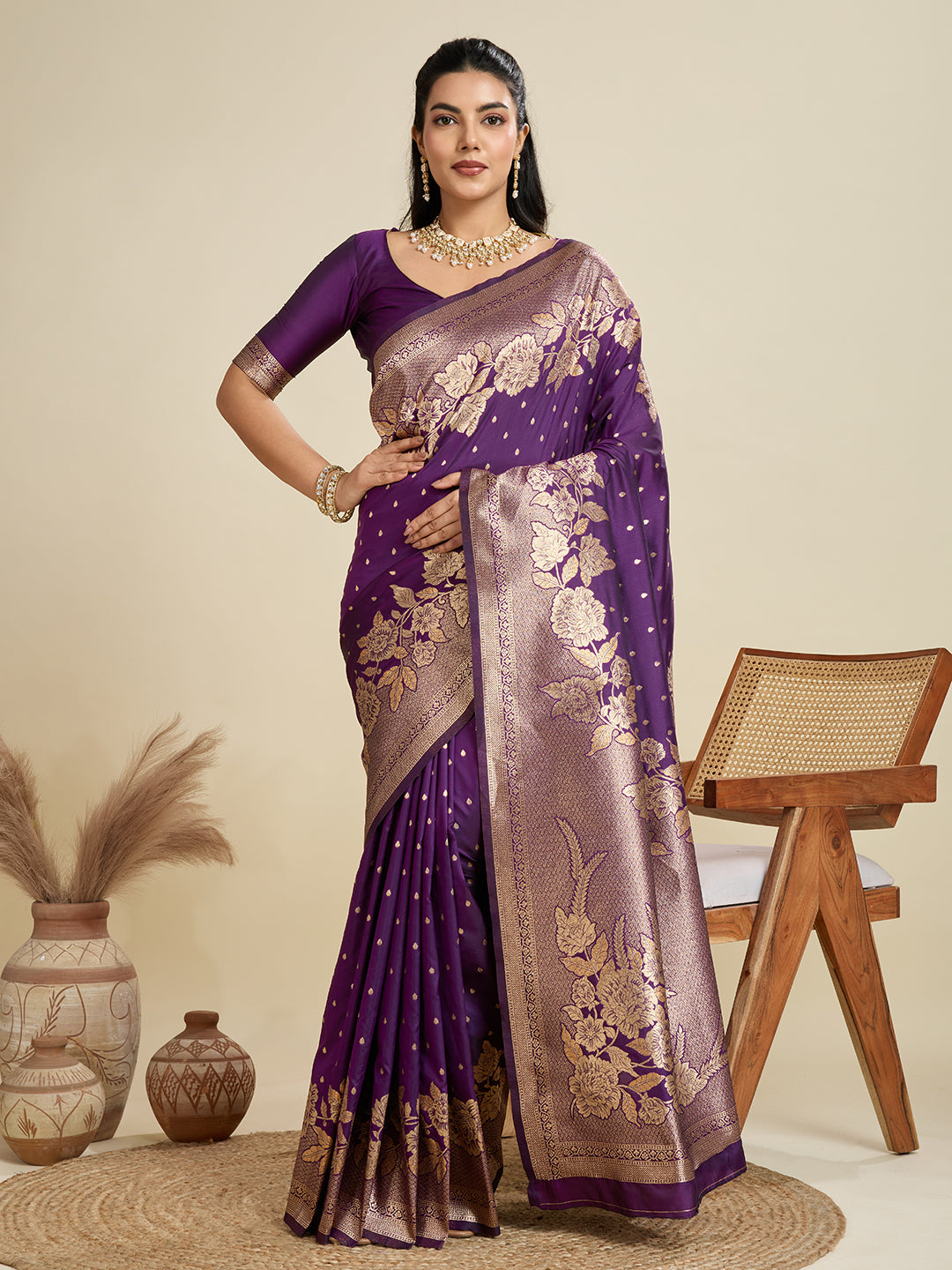 Jyoti Fashion Women's Wine Soft Kanjivaram Silk Zari Woven Designer Saree with Blouse | Grocsy