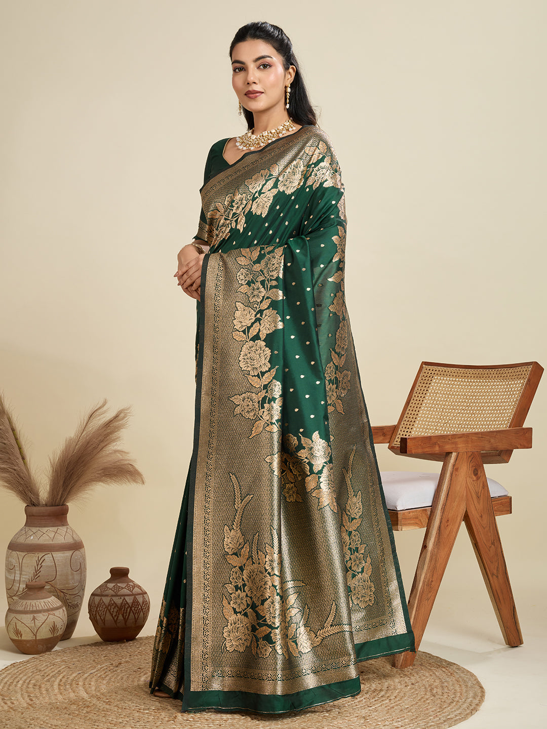 Jyoti Fashion Women's Bottle Green Soft Kanjivaram Silk Zari Woven Designer Saree with Blouse | Grocsy
