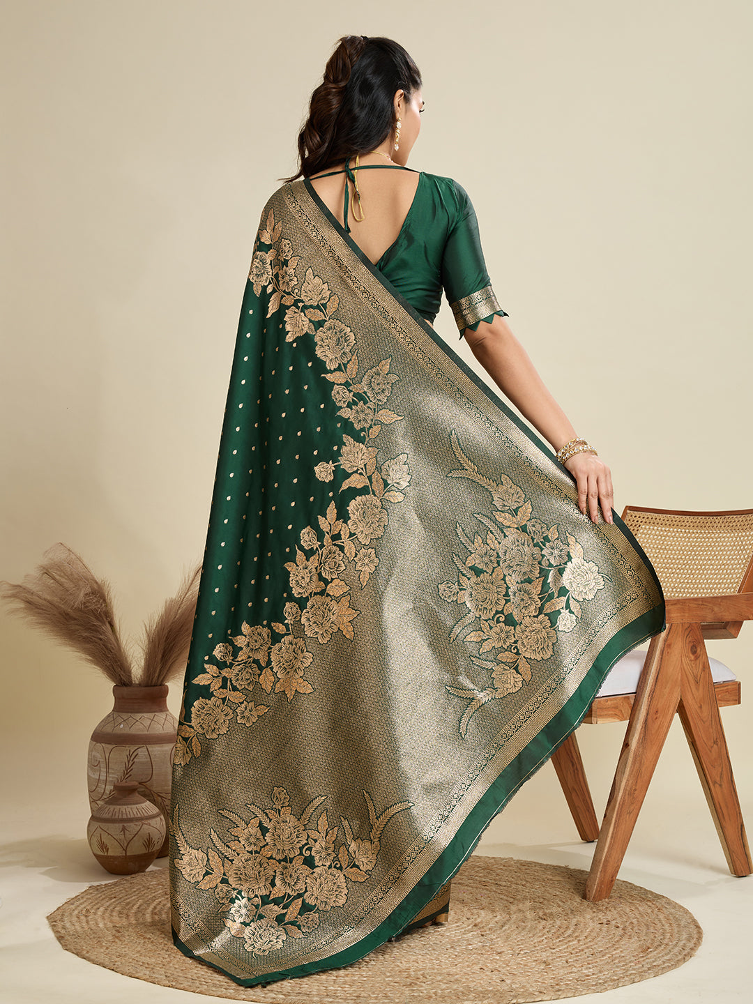 Jyoti Fashion Women's Bottle Green Soft Kanjivaram Silk Zari Woven Designer Saree with Blouse | Grocsy