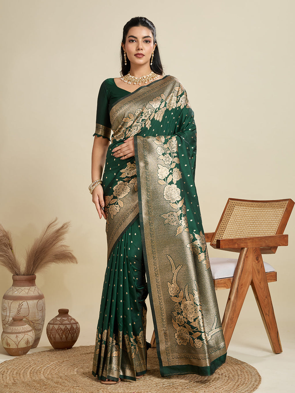 Jyoti Fashion Women's Bottle Green Soft Kanjivaram Silk Zari Woven Designer Saree with Blouse | Grocsy