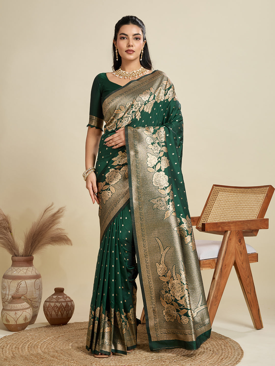 Jyoti Fashion Women's Bottle Green Soft Kanjivaram Silk Zari Woven Designer Saree with Blouse | Grocsy