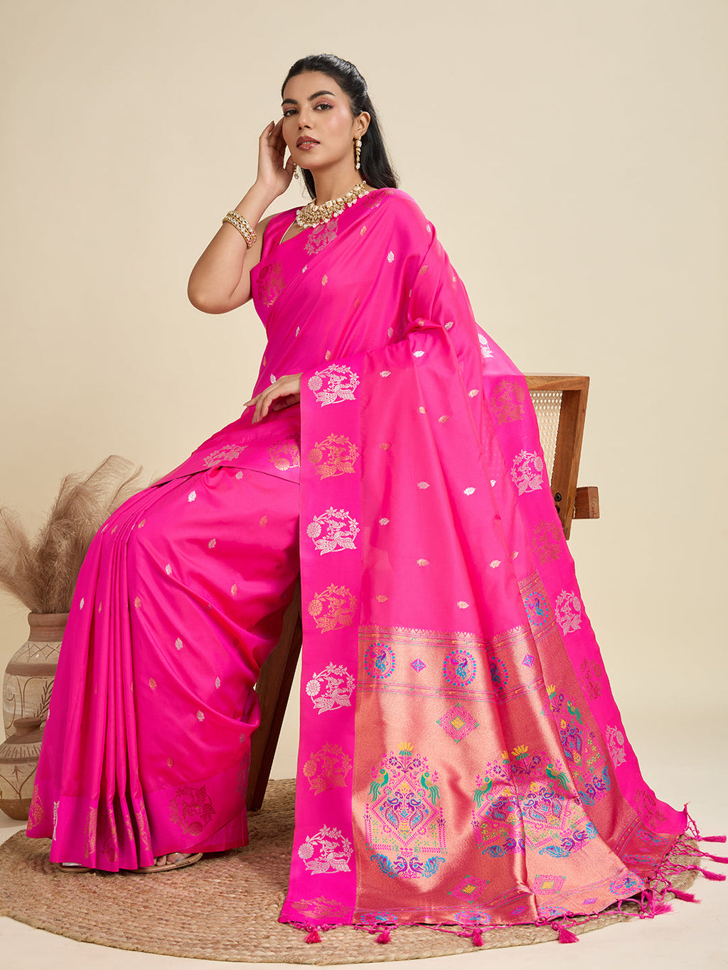 Jyoti Fashion Women's Pink Soft Kanjivaram Paithani Silk Zari Woven Designer Saree with Blouse | Grocsy