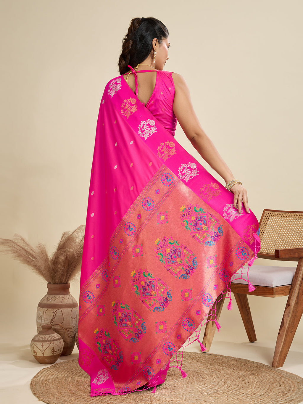 Jyoti Fashion Women's Pink Soft Kanjivaram Paithani Silk Zari Woven Designer Saree with Blouse | Grocsy