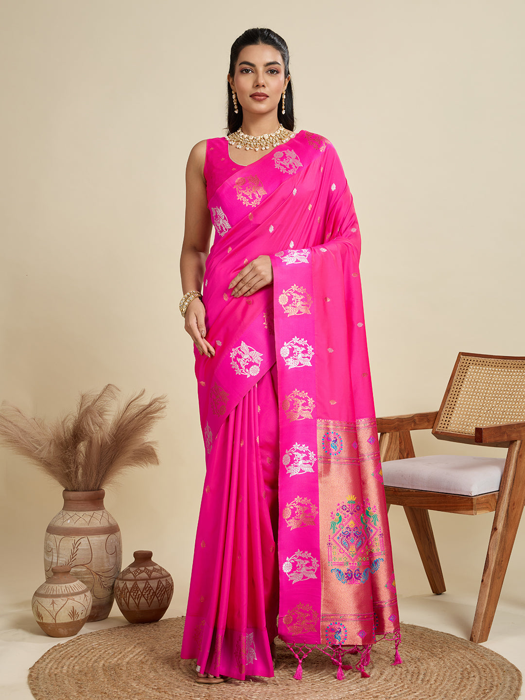 Jyoti Fashion Women's Pink Soft Kanjivaram Paithani Silk Zari Woven Designer Saree with Blouse | Grocsy