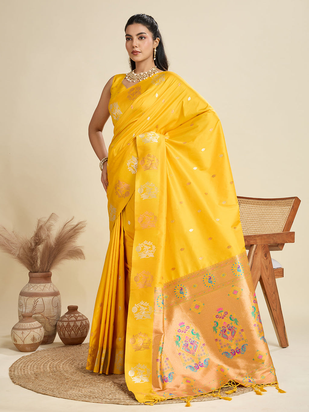 Jyoti Fashion Women's Yellow Soft Kanjivaram Paithani Silk Zari Woven Designer Saree with Blouse | Grocsy