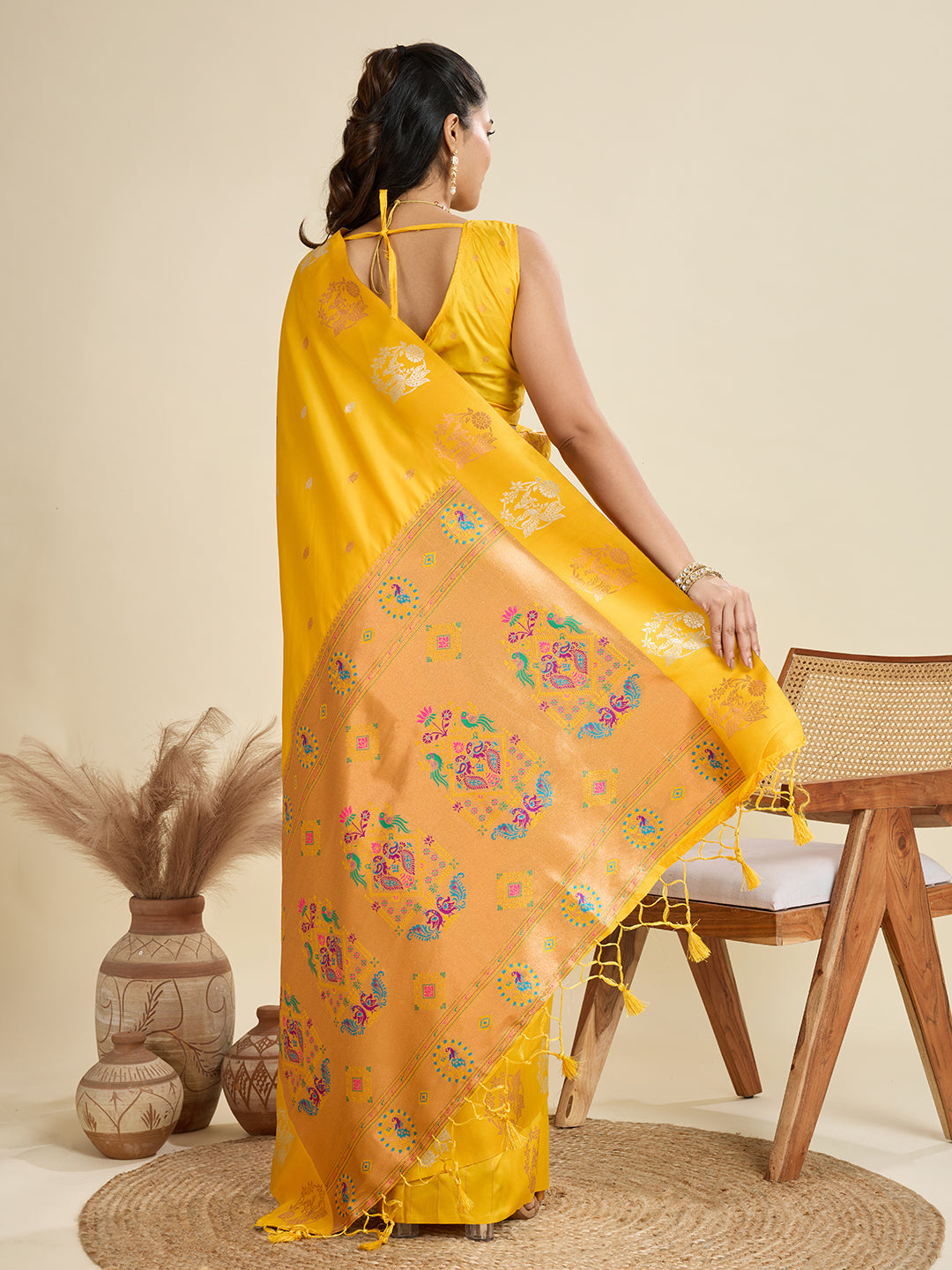Jyoti Fashion Women's Yellow Soft Kanjivaram Paithani Silk Zari Woven Designer Saree with Blouse | Grocsy