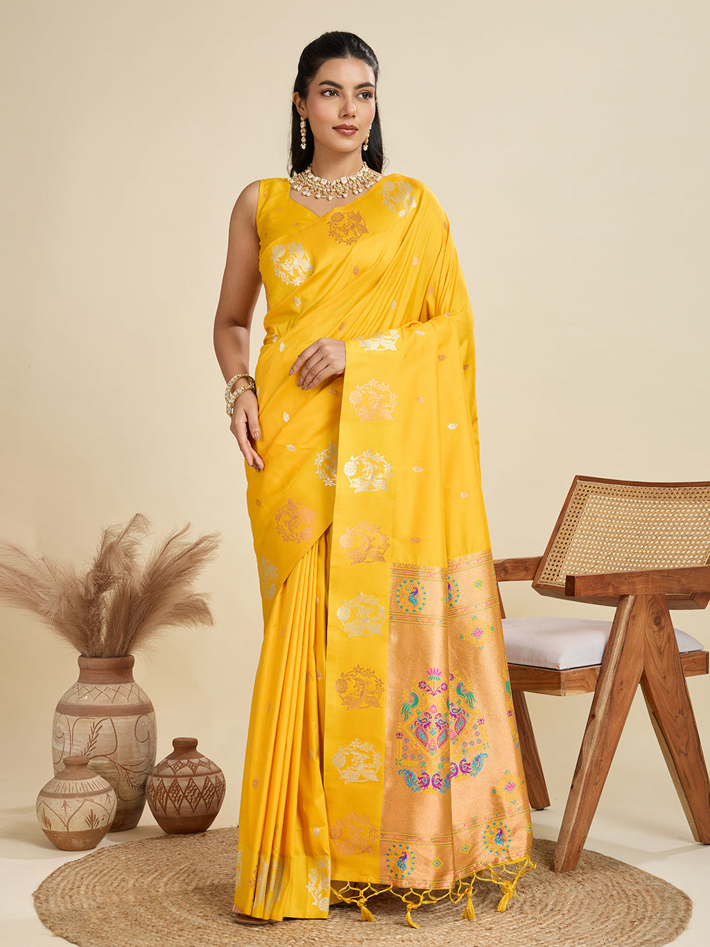 Jyoti Fashion Women's Yellow Soft Kanjivaram Paithani Silk Zari Woven Designer Saree with Blouse | Grocsy