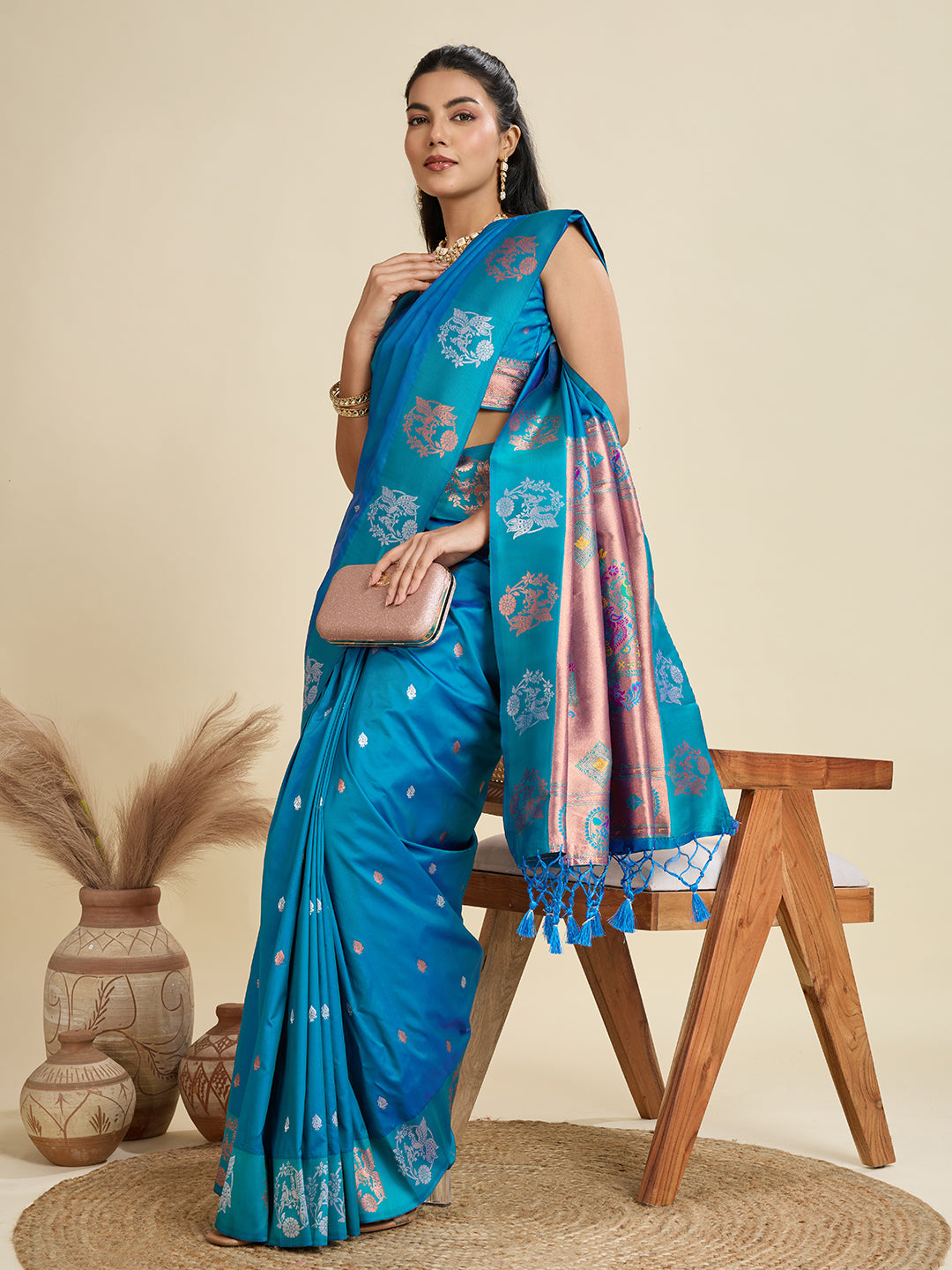 Jyoti Fashion Women's Sky Blue Soft Kanjivaram Paithani Silk Zari Woven Designer Saree with Blouse | Grocsy