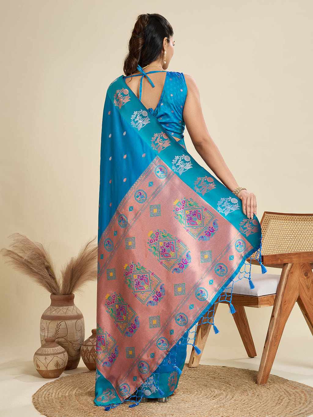 Jyoti Fashion Women's Sky Blue Soft Kanjivaram Paithani Silk Zari Woven Designer Saree with Blouse | Grocsy