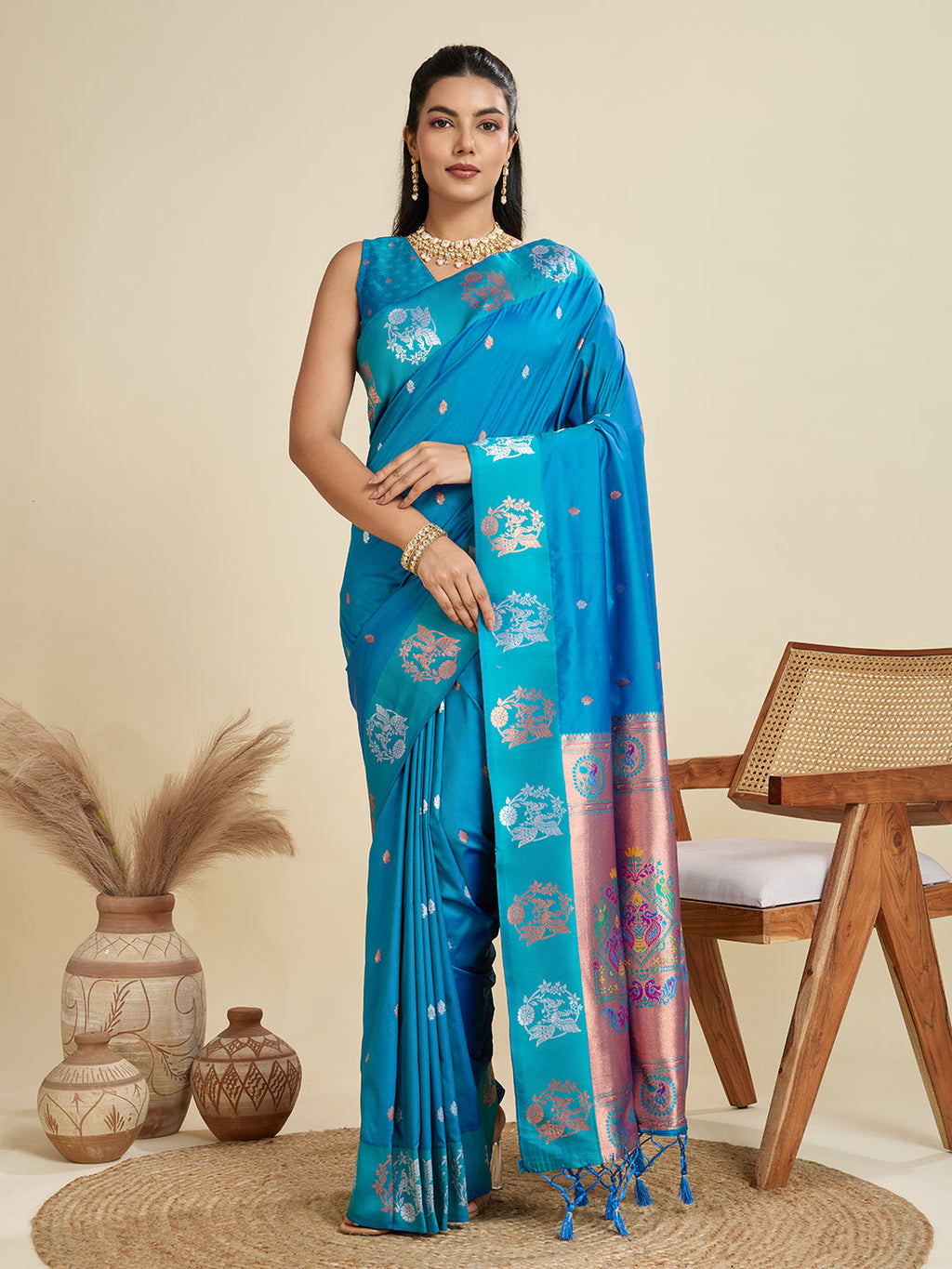 Jyoti Fashion Women's Sky Blue Soft Kanjivaram Paithani Silk Zari Woven Designer Saree with Blouse | Grocsy