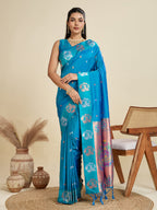 Jyoti Fashion Women's Sky Blue Soft Kanjivaram Paithani Silk Zari Woven Designer Saree with Blouse | Grocsy