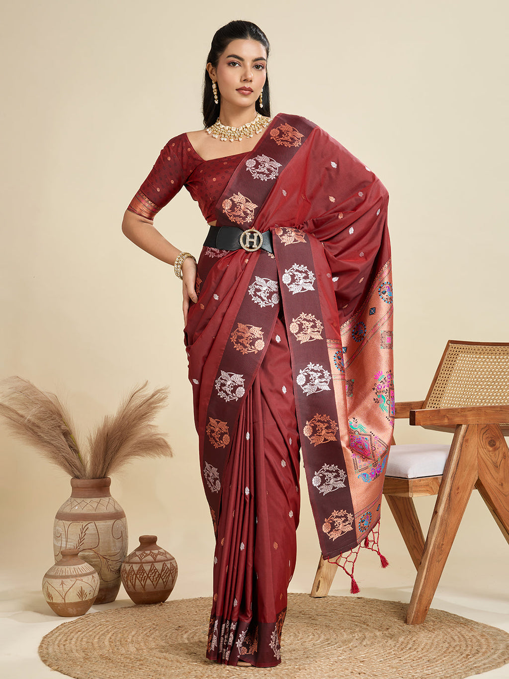 Jyoti Fashion Women's Maroon Soft Kanjivaram Paithani Silk Zari Woven Designer Saree with Blouse | Grocsy