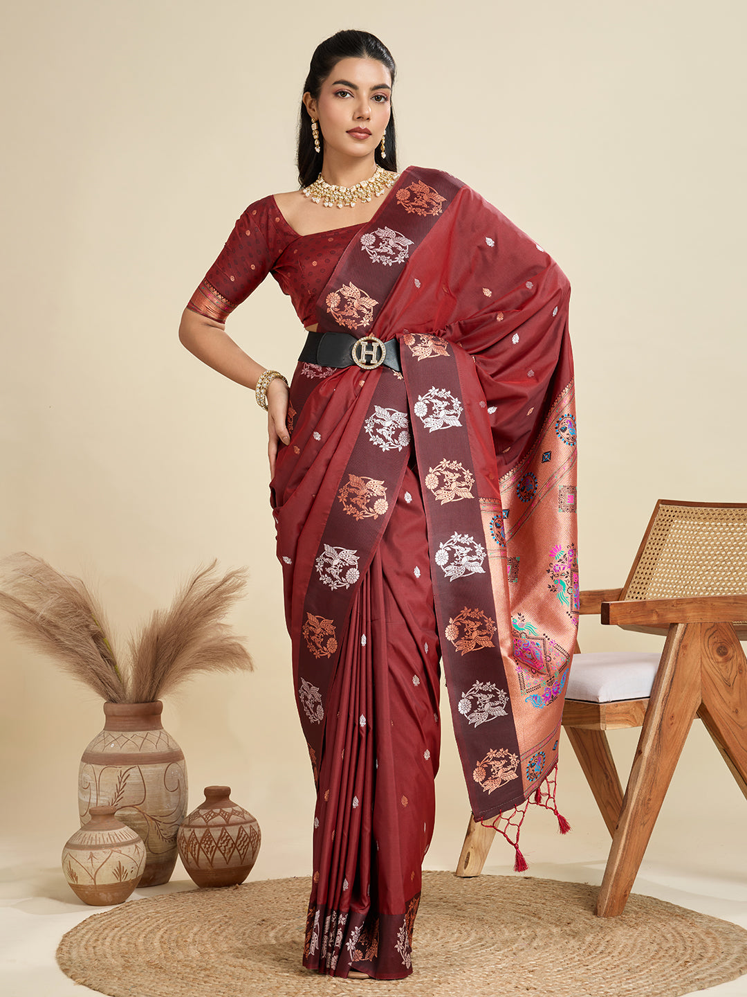 Jyoti Fashion Women's Maroon Soft Kanjivaram Paithani Silk Zari Woven Designer Saree with Blouse | Grocsy
