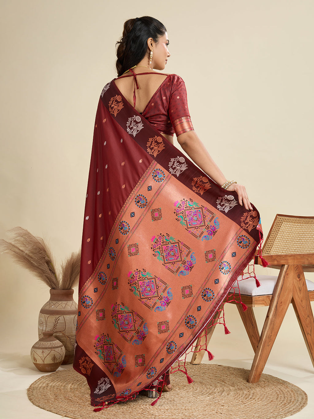 Jyoti Fashion Women's Maroon Soft Kanjivaram Paithani Silk Zari Woven Designer Saree with Blouse | Grocsy