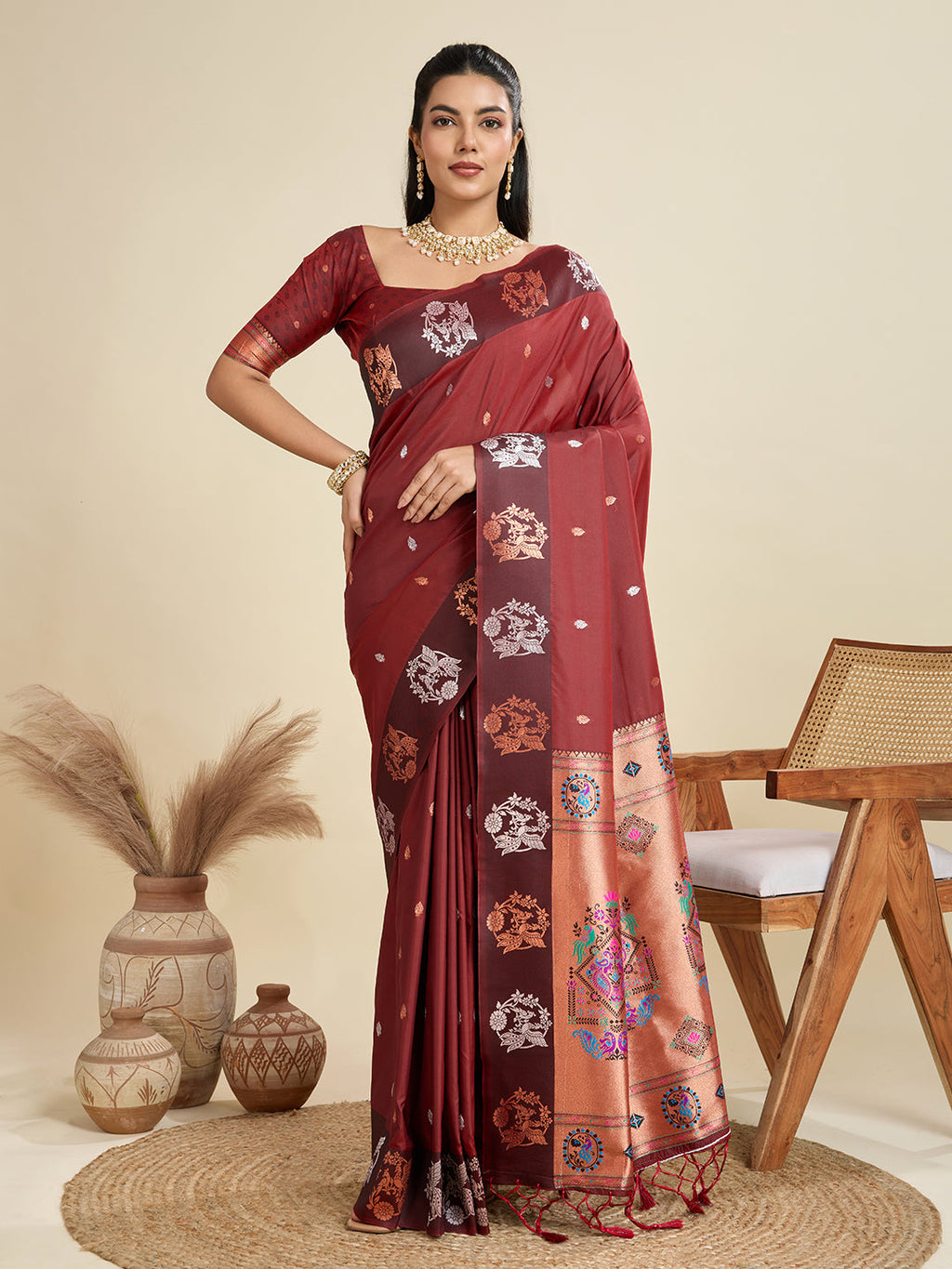 Jyoti Fashion Women's Maroon Soft Kanjivaram Paithani Silk Zari Woven Designer Saree with Blouse | Grocsy