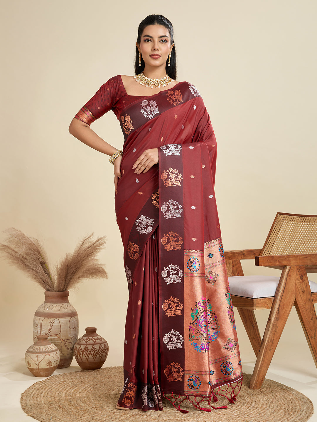 Jyoti Fashion Women's Maroon Soft Kanjivaram Paithani Silk Zari Woven Designer Saree with Blouse | Grocsy