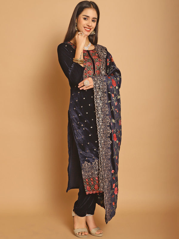 Jyoti Fashion Women's Navy Blue Velvet Floral Resham Thread with Jari & Sequince work Designer Straight Suit Set | Grocsy
