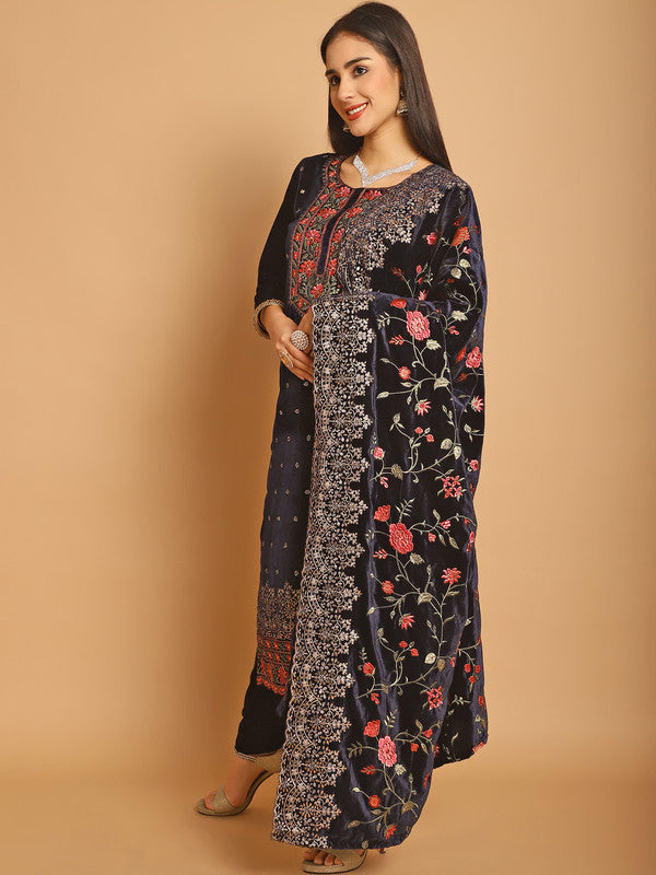 Jyoti Fashion Women's Navy Blue Velvet Floral Resham Thread with Jari & Sequince work Designer Straight Suit Set | Grocsy