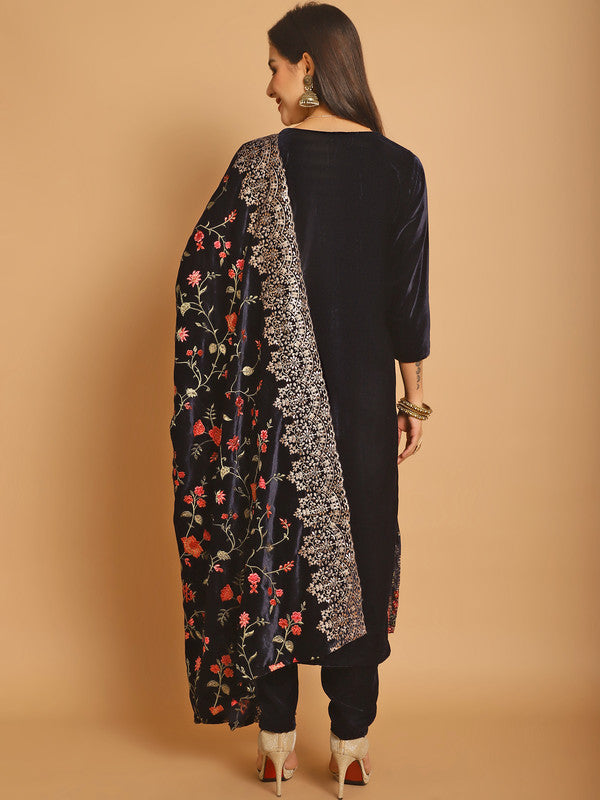 Jyoti Fashion Women's Navy Blue Velvet Floral Resham Thread with Jari & Sequince work Designer Straight Suit Set | Grocsy